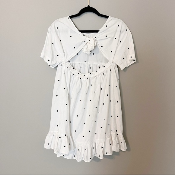 2/25 Zara Polka Dot Flounce Hem Mini Baby Doll White Dress with black dots bow - Picture 3 of 6